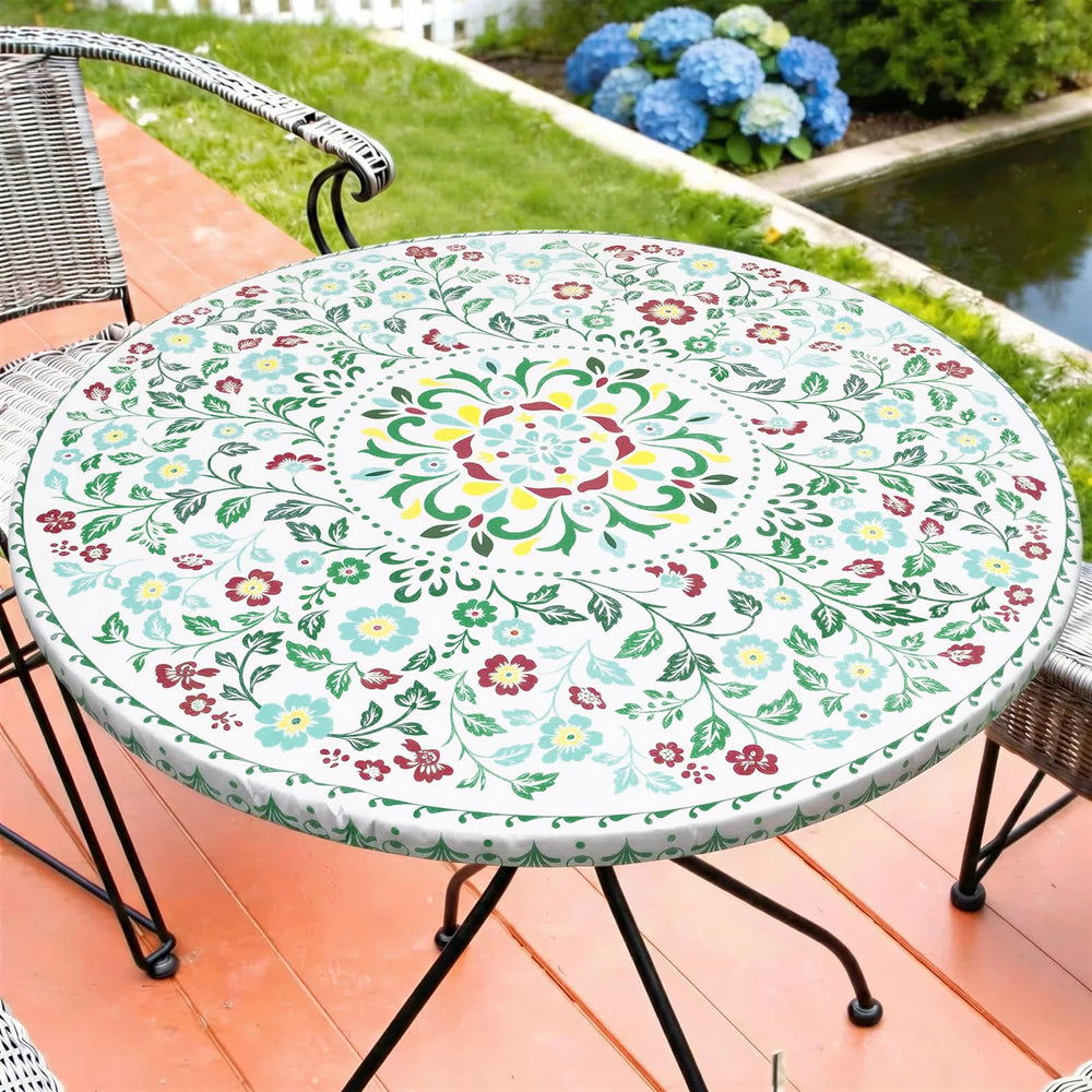 MHJY Round Tablecloth fitted elastic cover in light green and red pattern