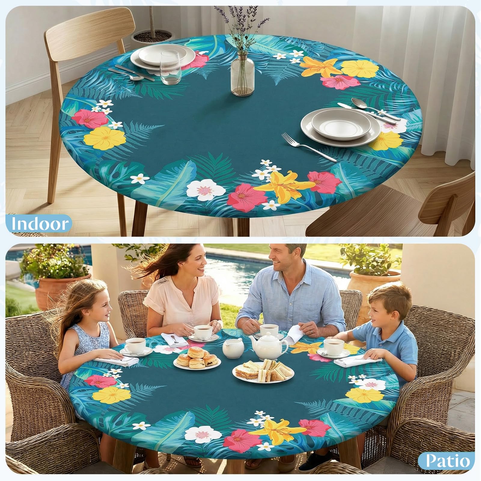 MHJY round tablecloth in use at a family gathering