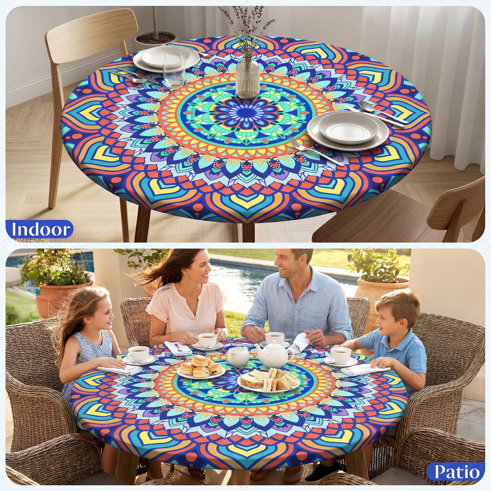 MHJY round tablecloth packaging showing dimensions and features