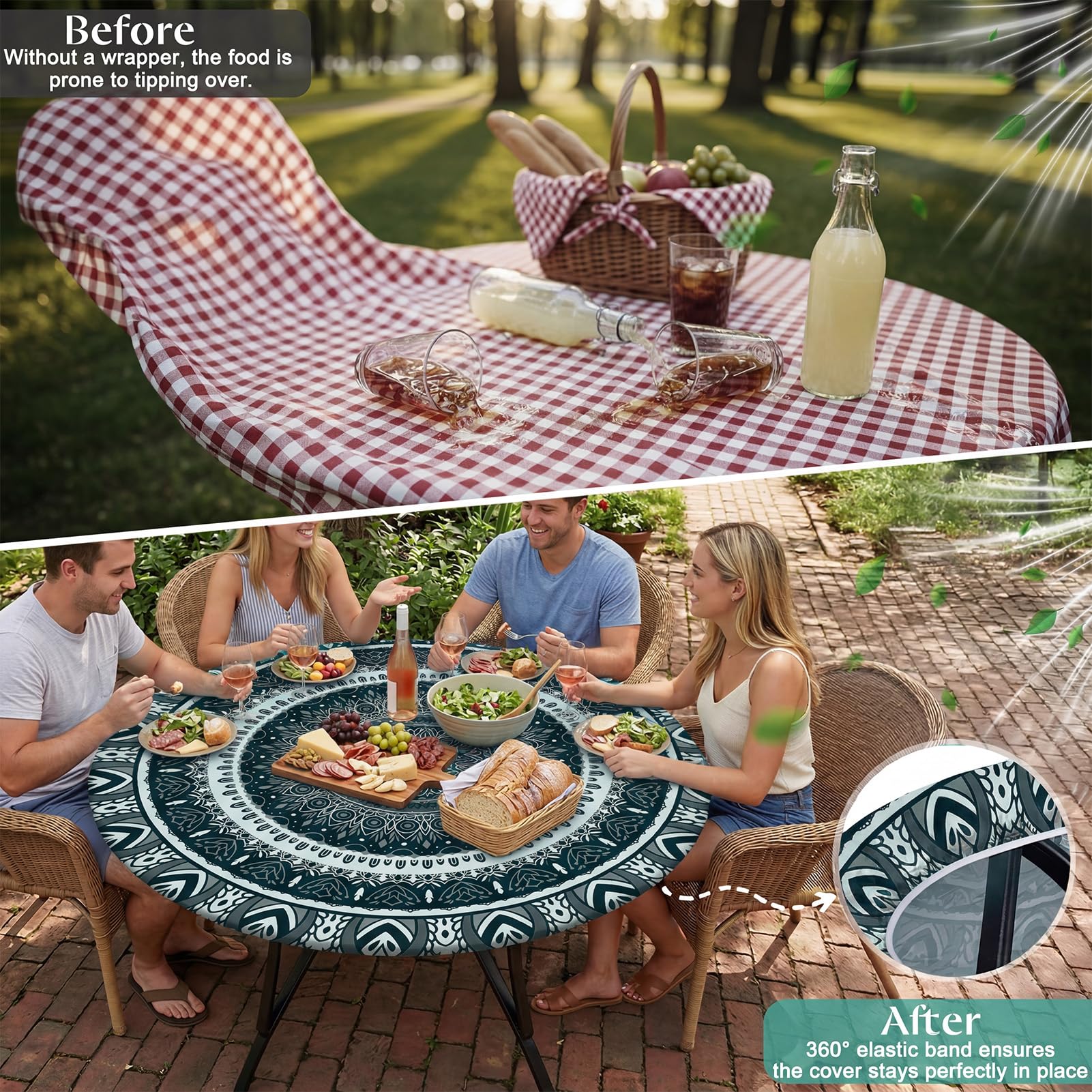 MHJY waterproof round tablecloth installation on table