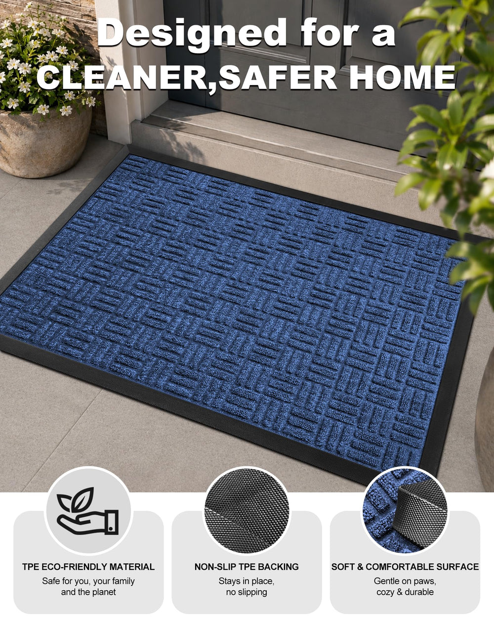 Mibao doormat in Coastal Blue showing dimensions and surface