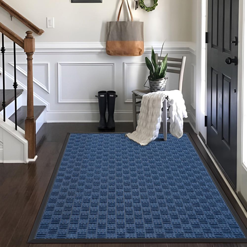 Mibao Heavy Duty Welcome Mat Blue rolled up for storage