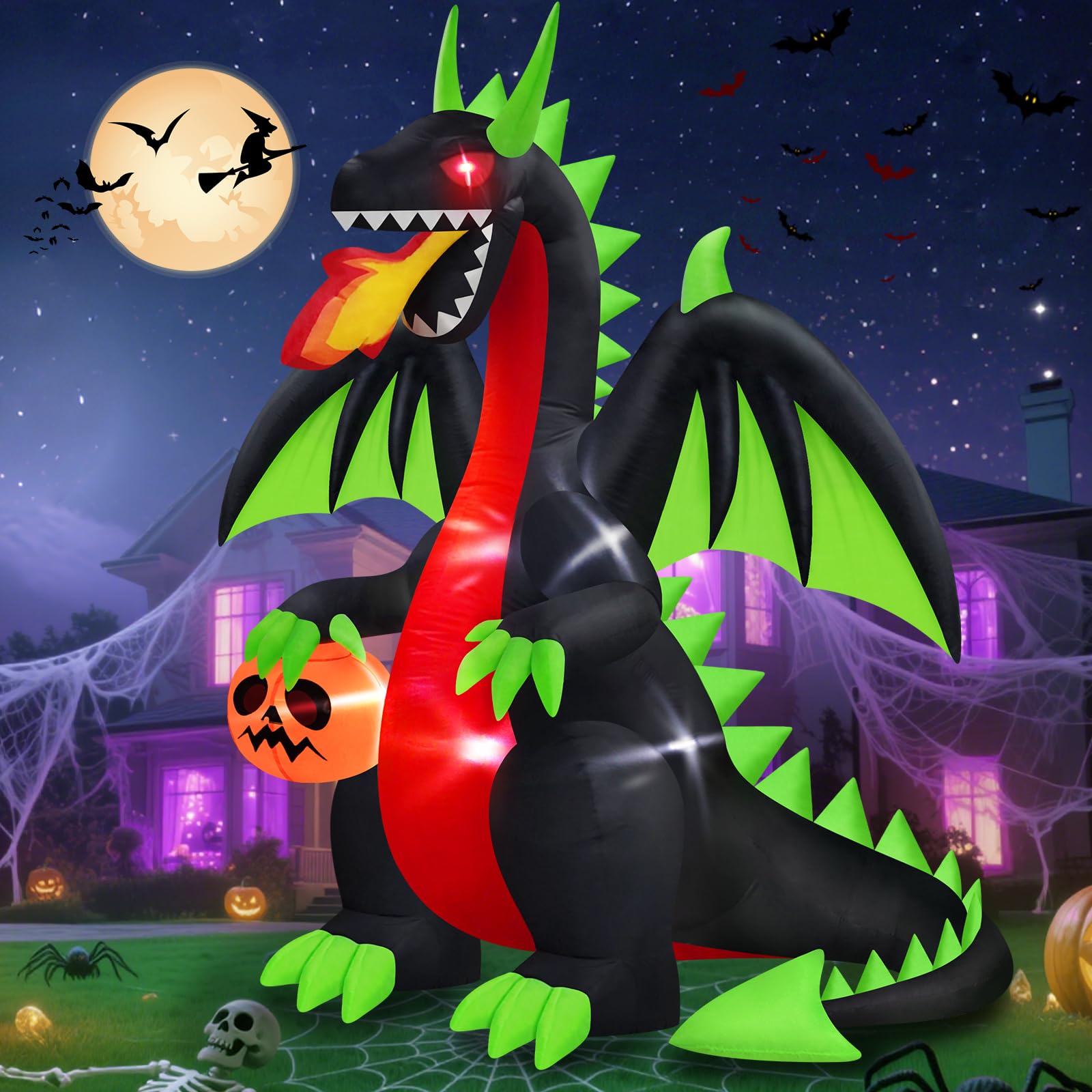 MICOCAH 8FT Halloween Inflatable Black Dragon front view