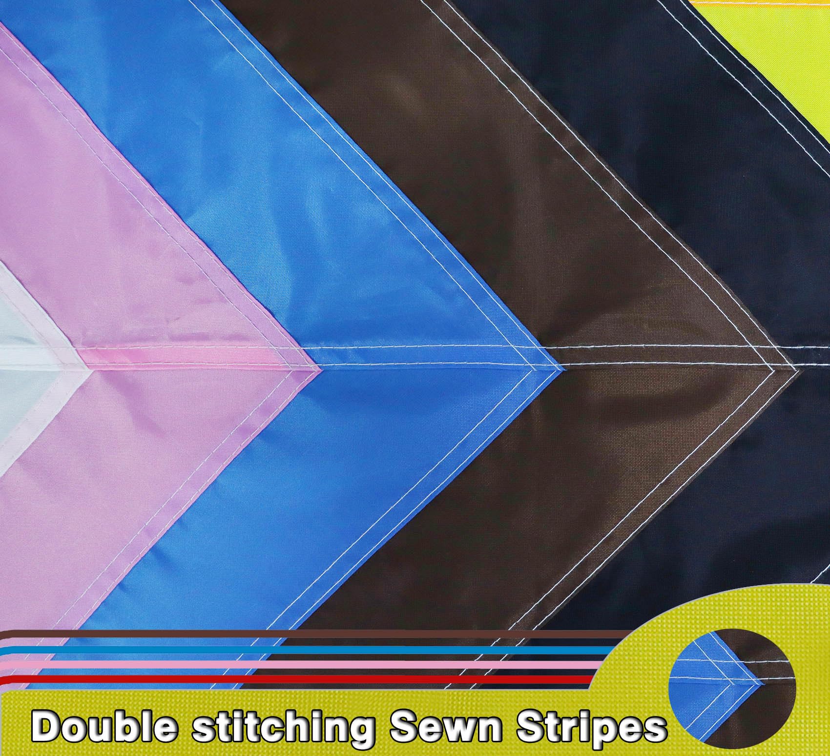 MIDLE New Progress Pride Flag close-up of sewn stripes