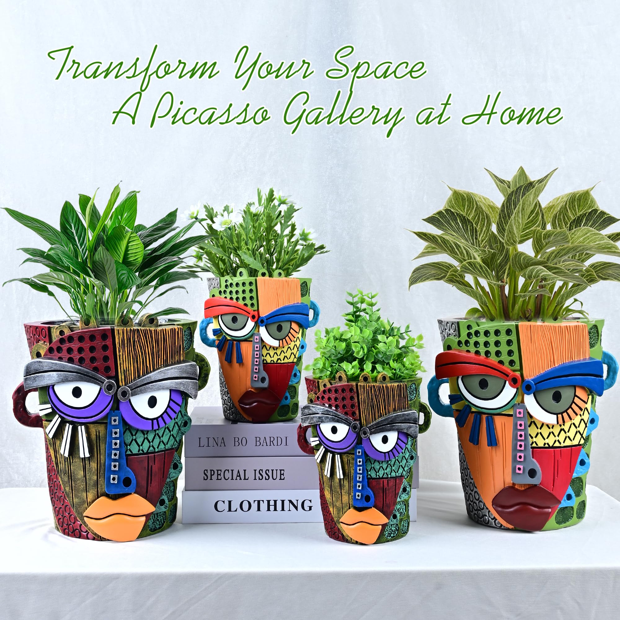 Midogaigai Abstract Face Planter Pot in a vibrant garden setting