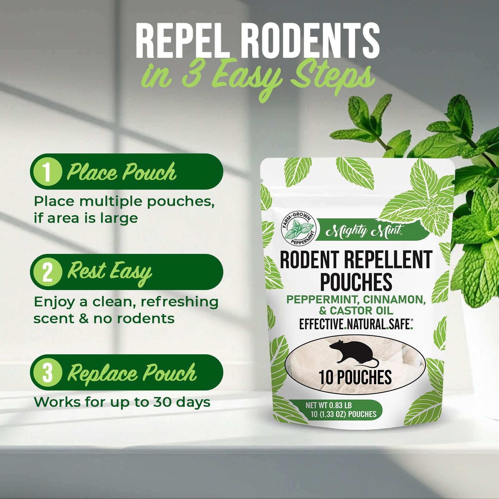 Mighty Mint Rodent Repellent Pouches arranged for display