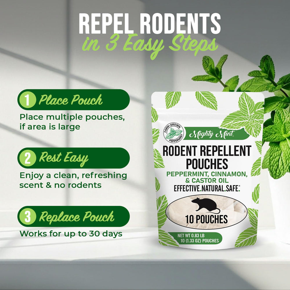 Mighty Mint Rodent Repellent Pouches arranged for display
