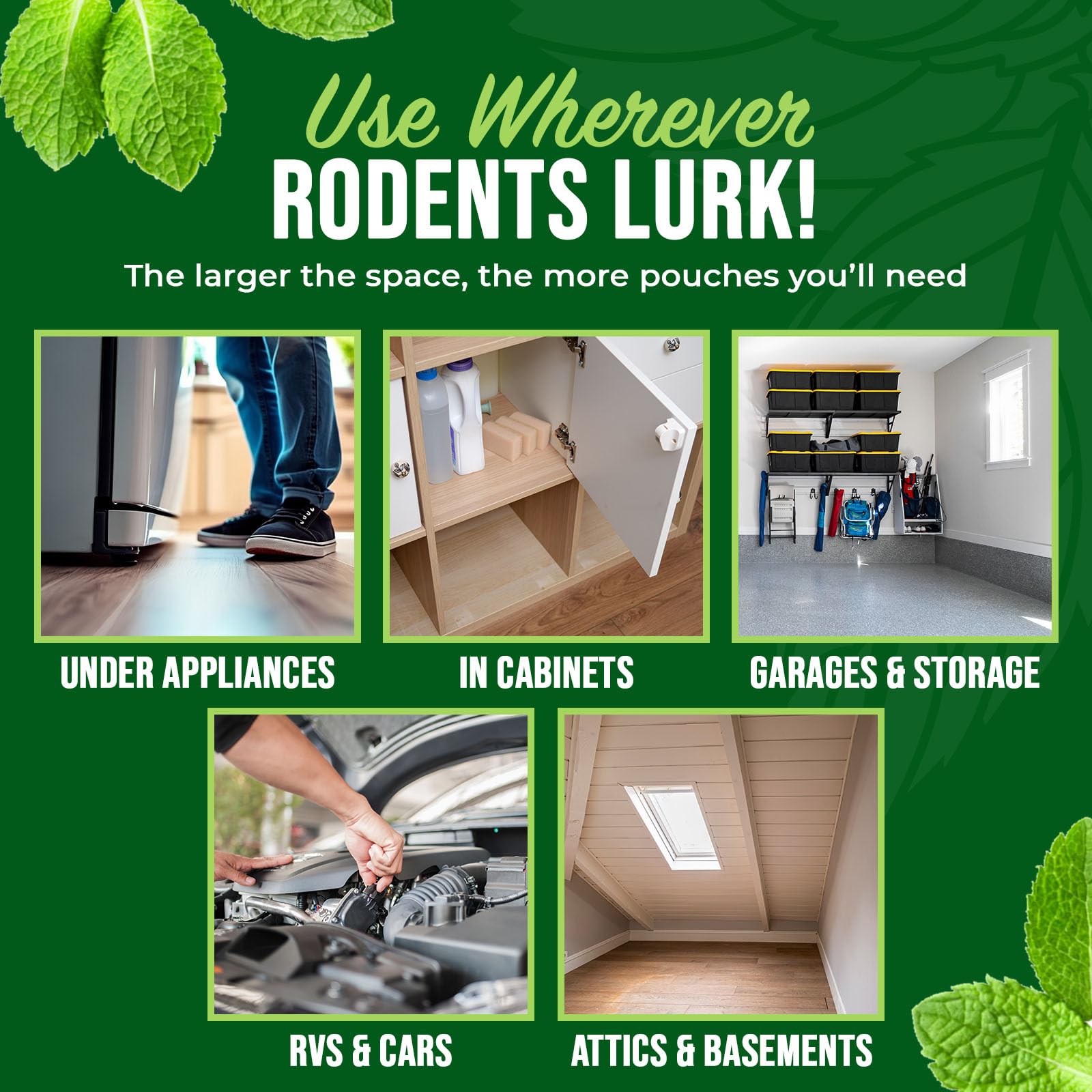Mighty Mint Rodent Repellent Pouches in a garage environment