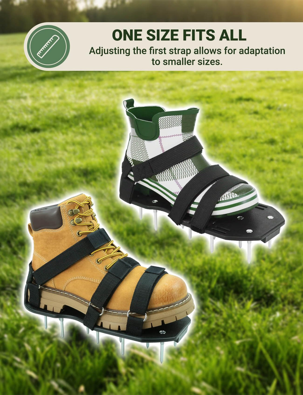 MILLUXXi Lawn Aerator Shoes close-up of metal spikes