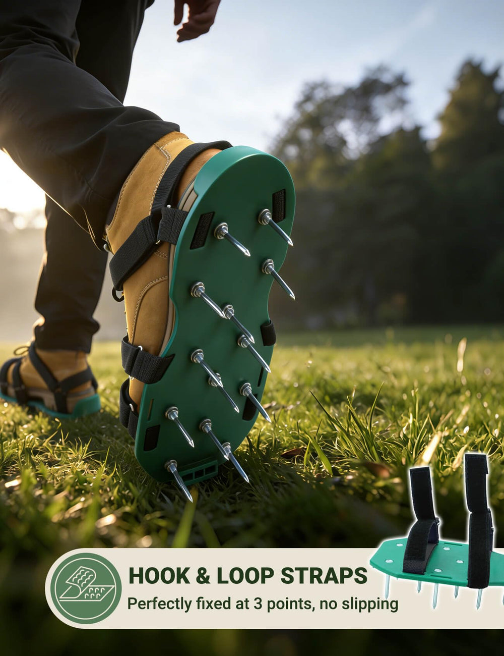 MILLUXXi Lawn Aerator Shoes on grass demonstrating use