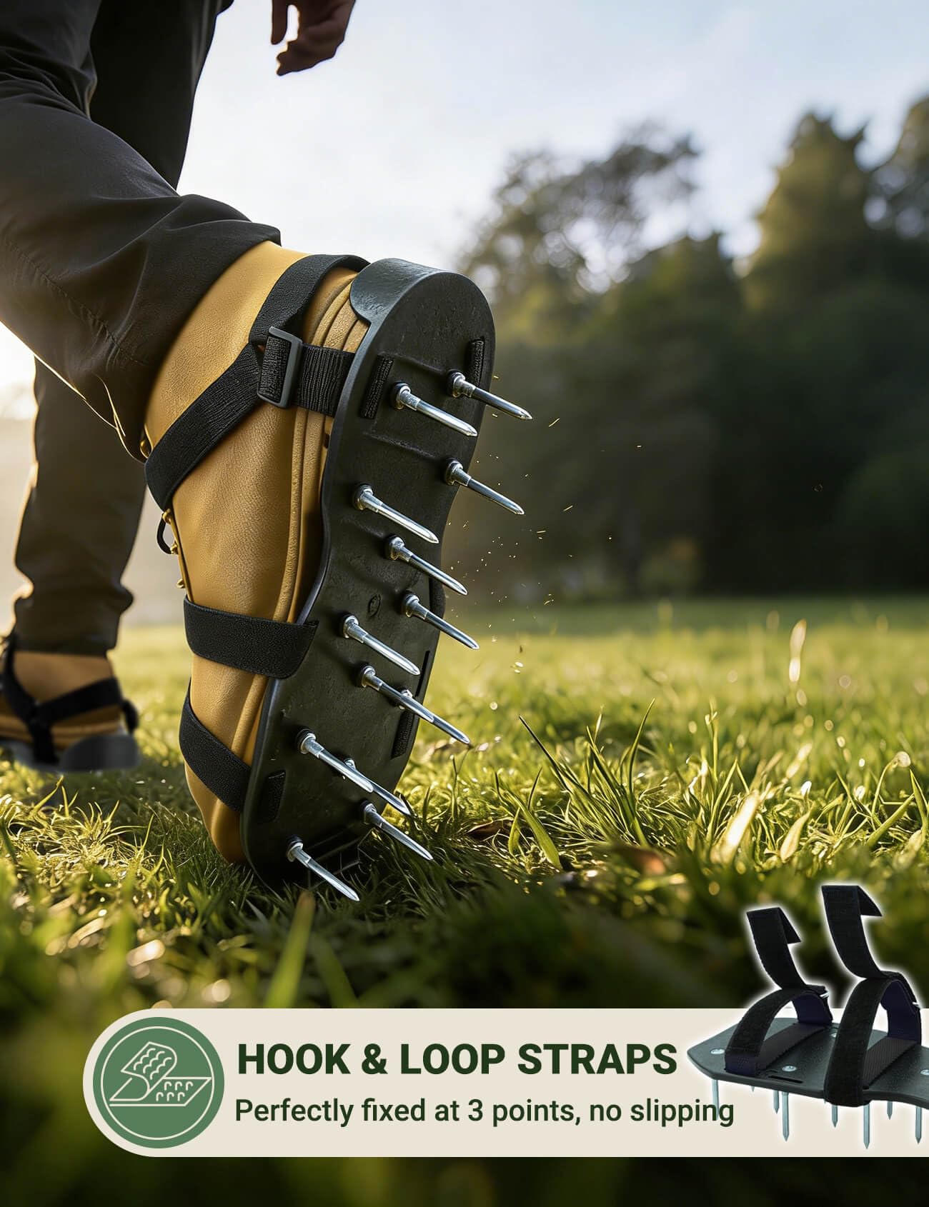 MILLUXXi Lawn Aerator Shoes worn while aerating grass