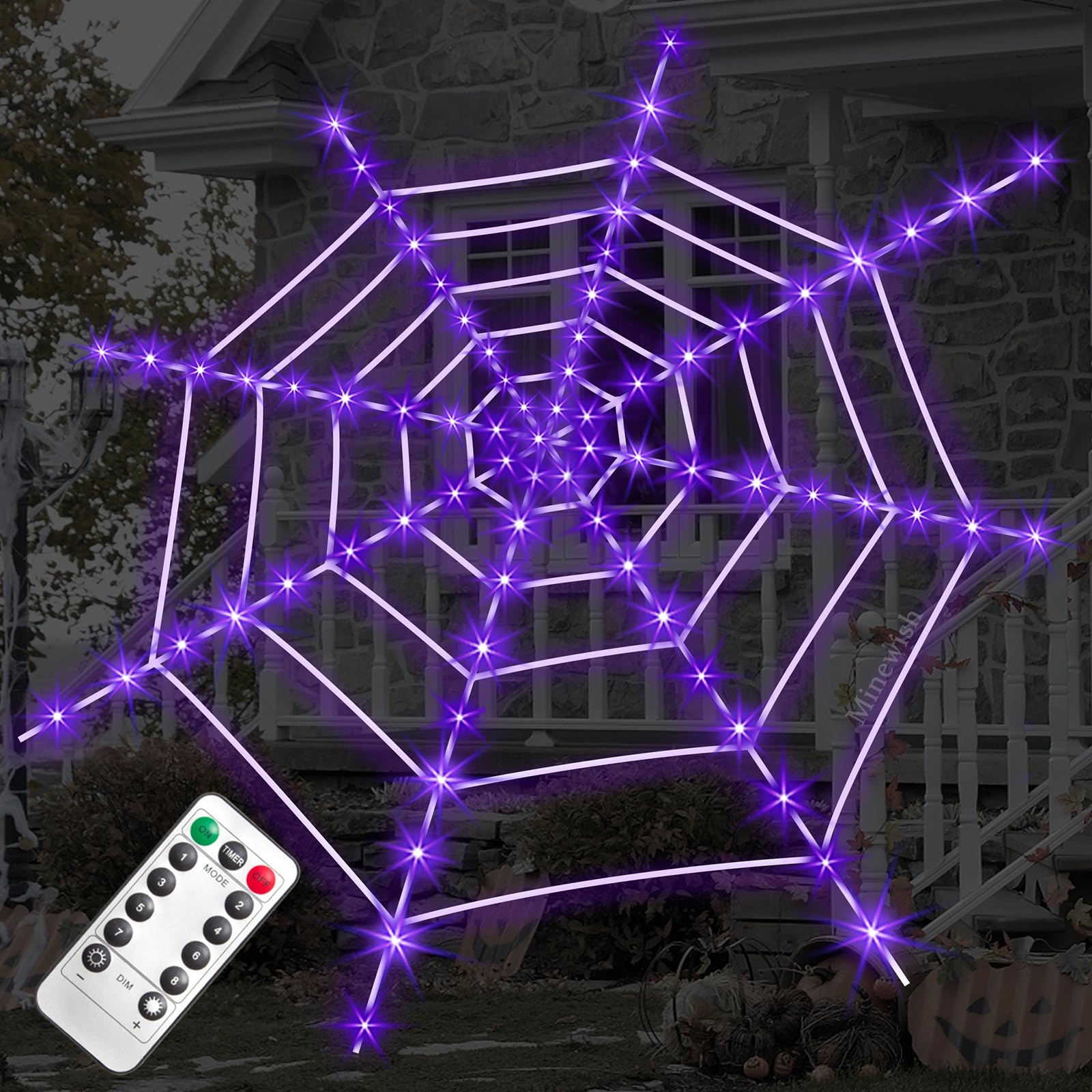 Minewish 12FT Halloween Spider Web Lights with purple LEDs