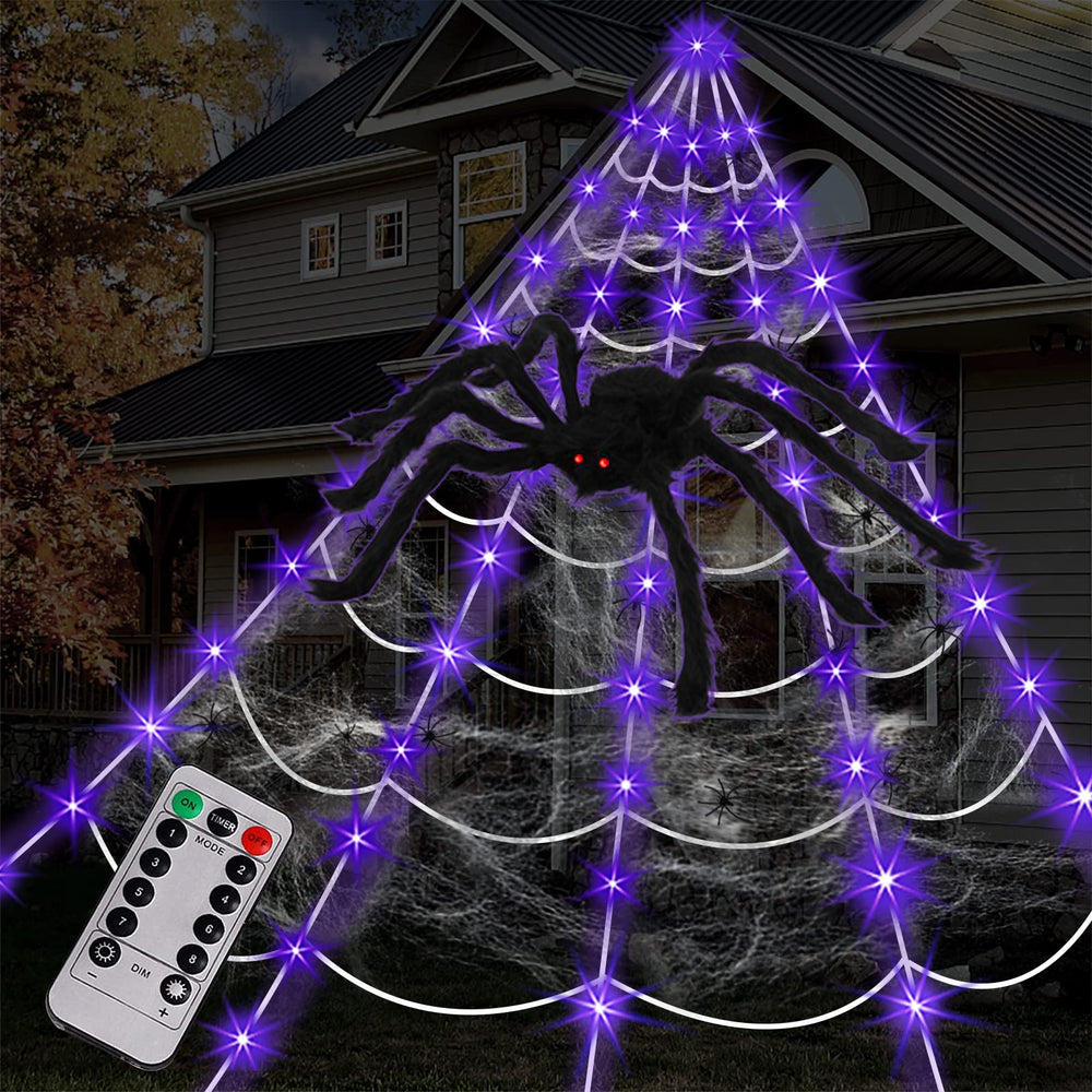 Minewish 16.4Ft spider web Halloween decoration with purple LED lights
