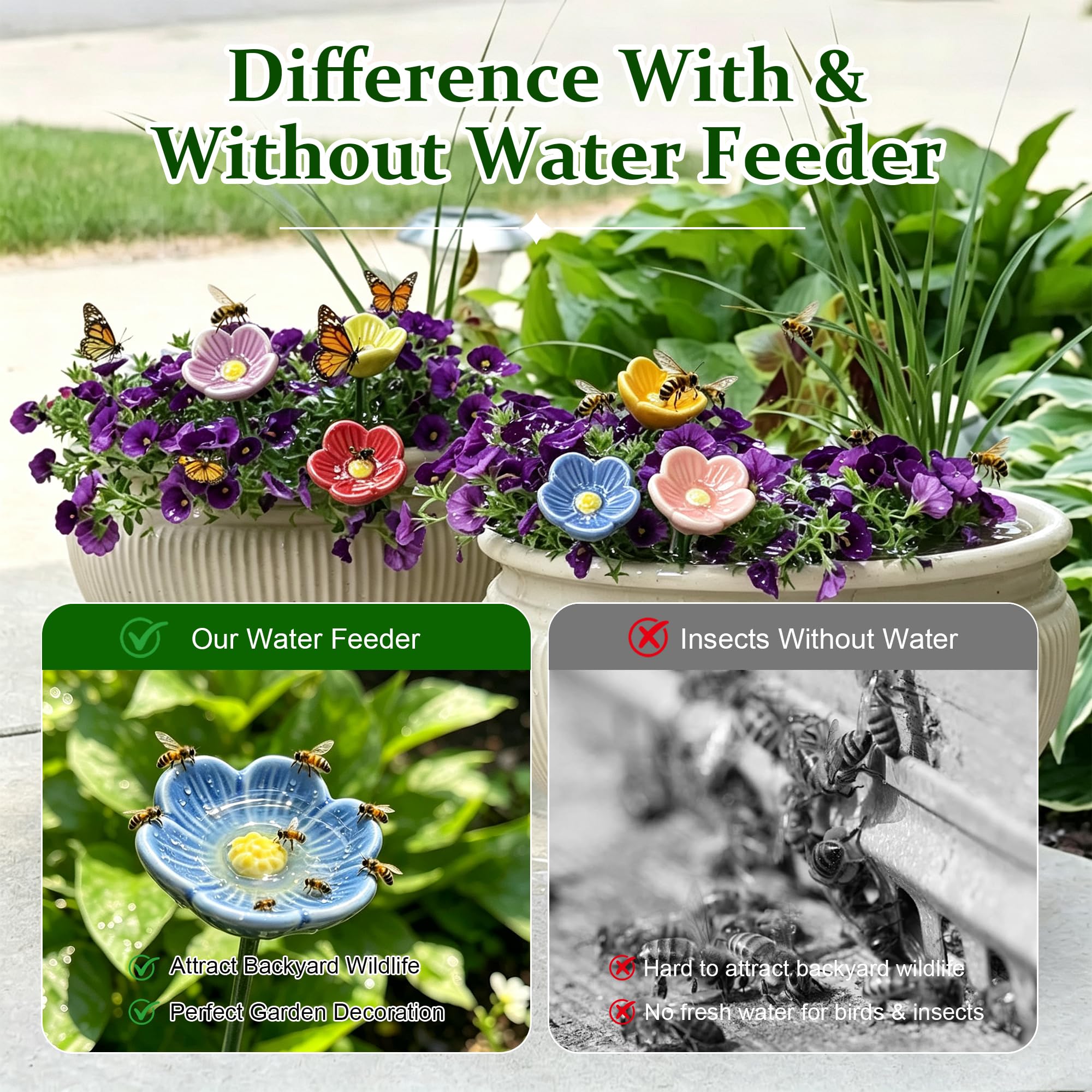 Mini Ceramic Bee Water Station displayed on a patio