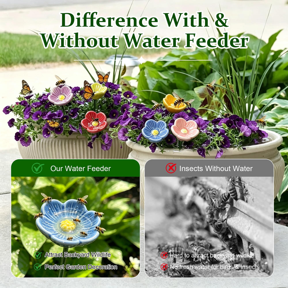 Mini Ceramic Bee Water Station displayed on a patio