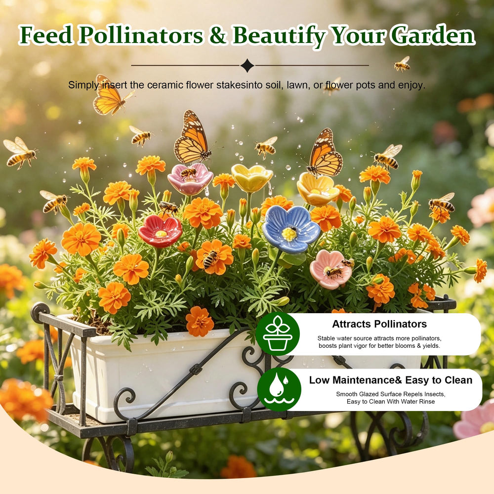 Mini Ceramic Bee Water Station placed in a garden setting