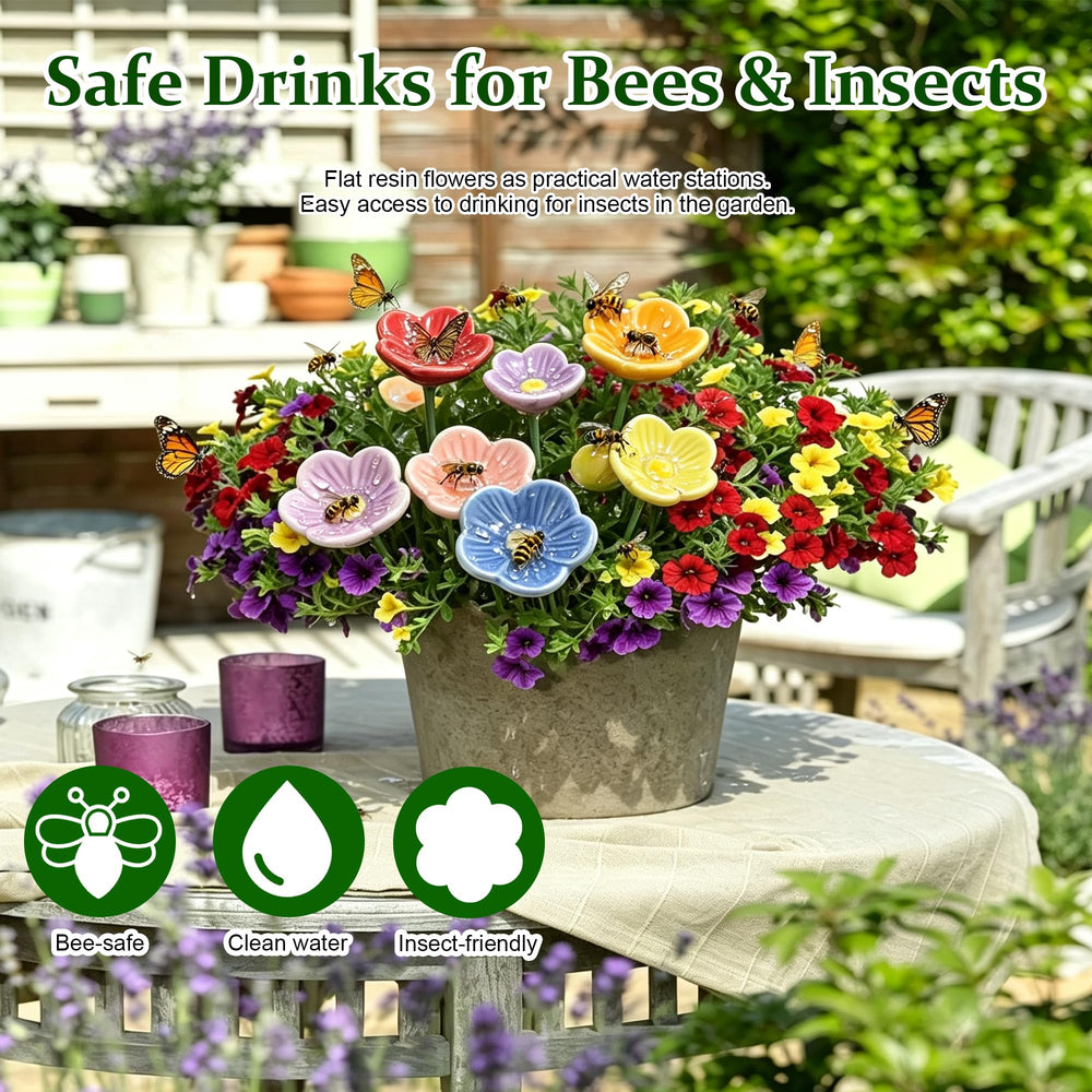 Mini Ceramic Bee Water Station with vibrant colours under sunlight