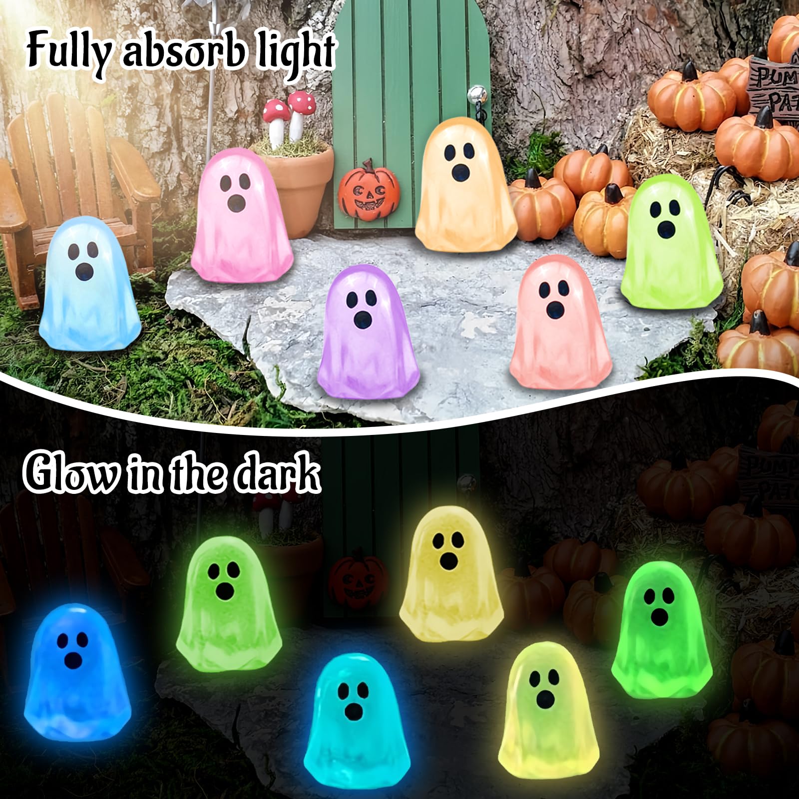 Mini ghost figures displayed in a garden setting for Halloween