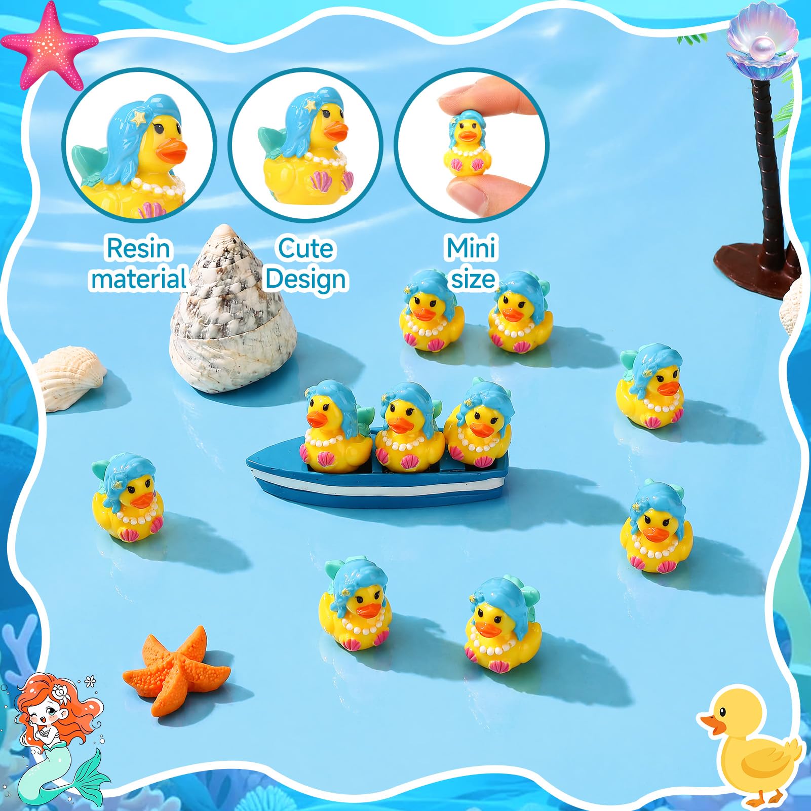 Mini mermaid ducks displayed in a garden setting