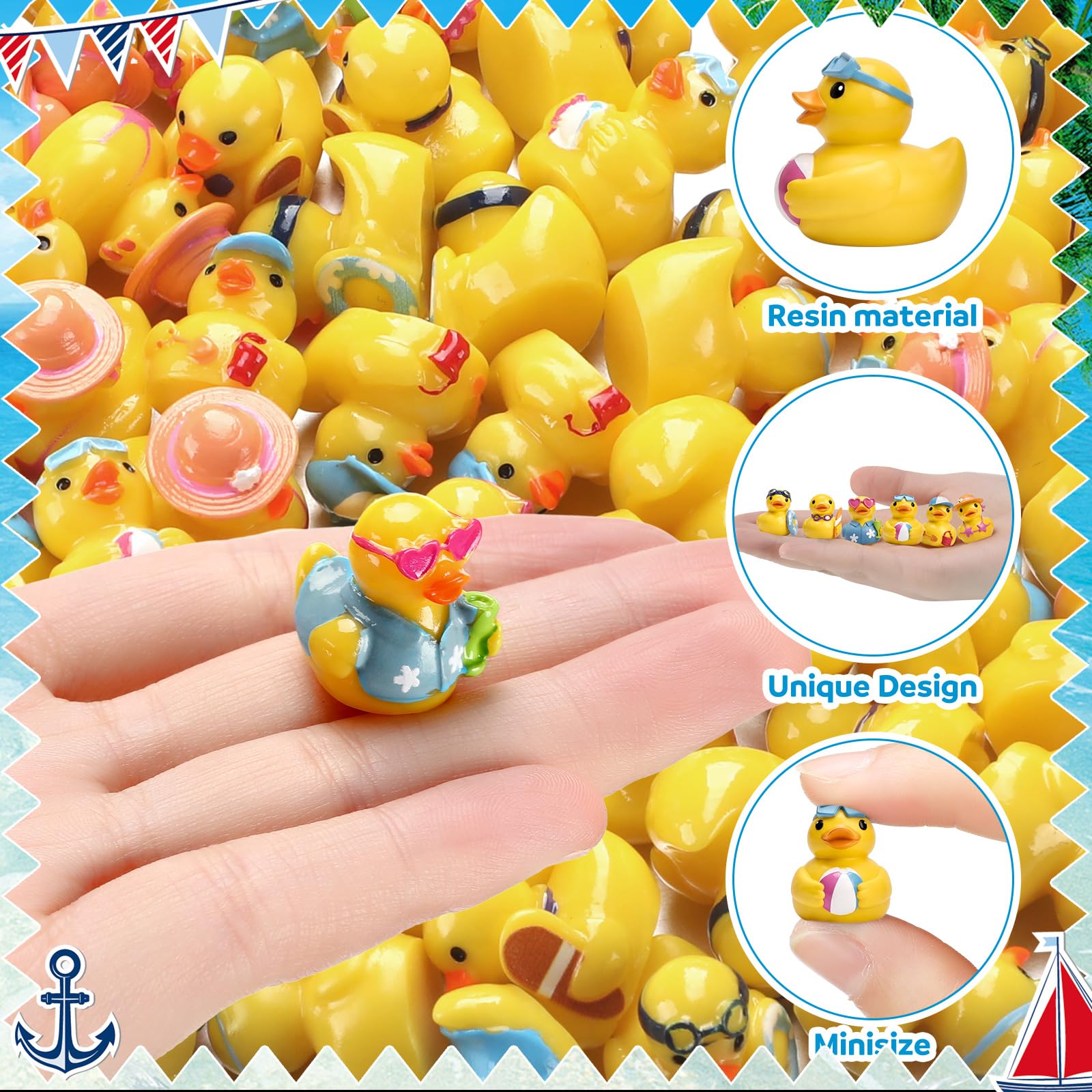 Mini resin ducks with surfboards and sunglasses