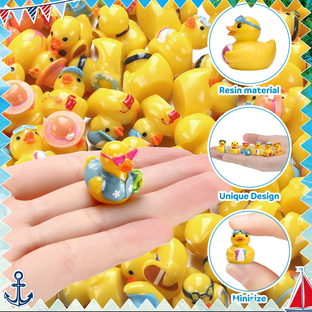 Mini resin ducks with surfboards and sunglasses