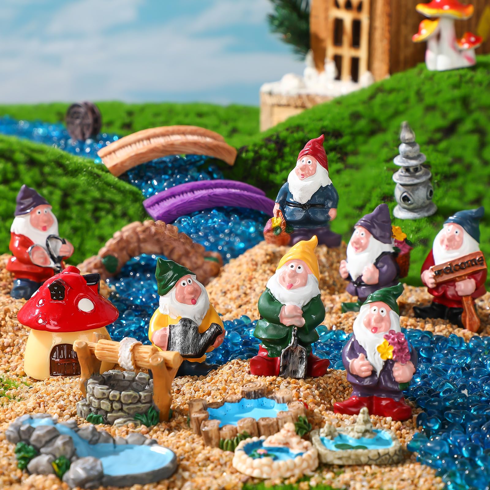 Miniature bridge and lighthouse from Unittype gnome garden accessories