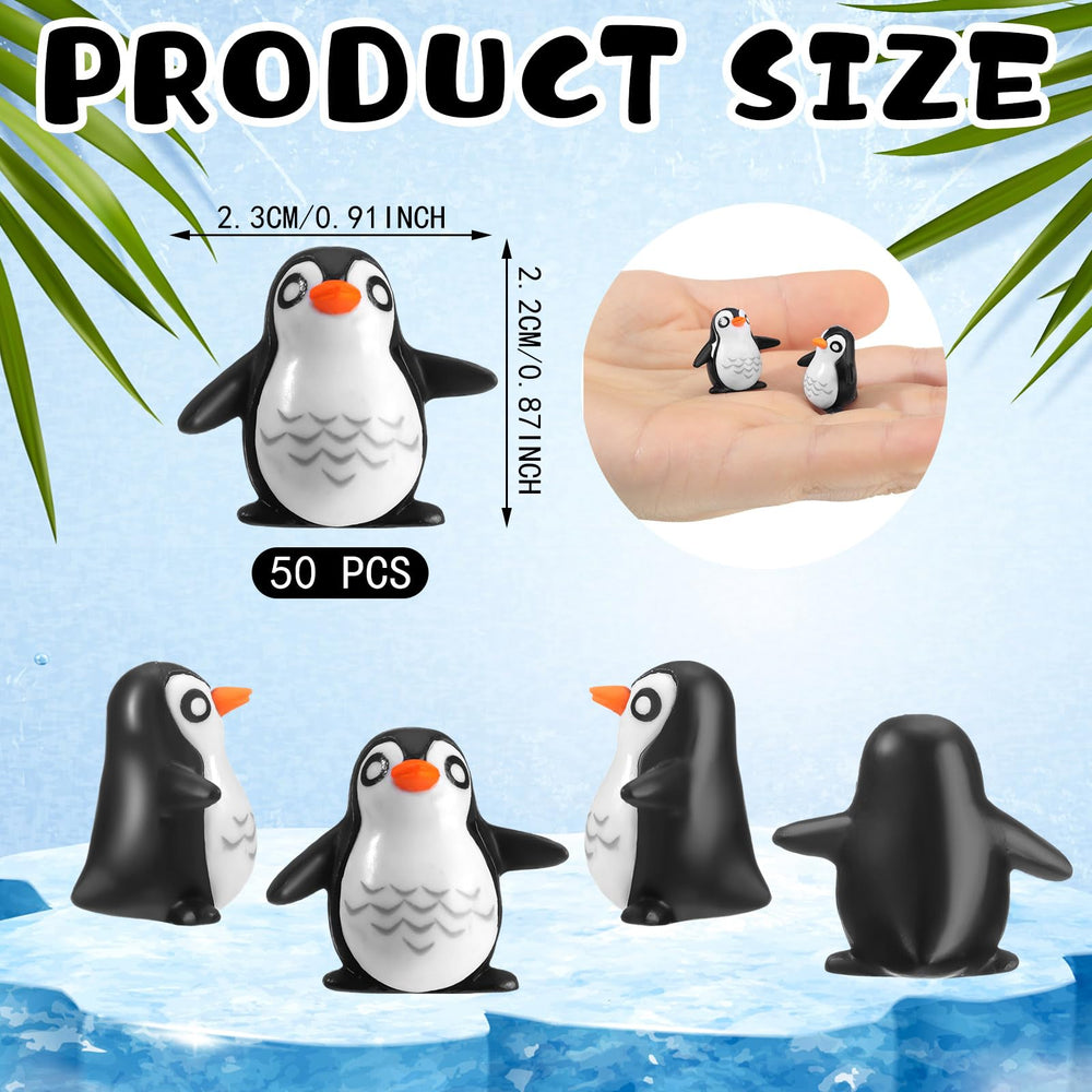 Miniature penguins arranged in a garden setting