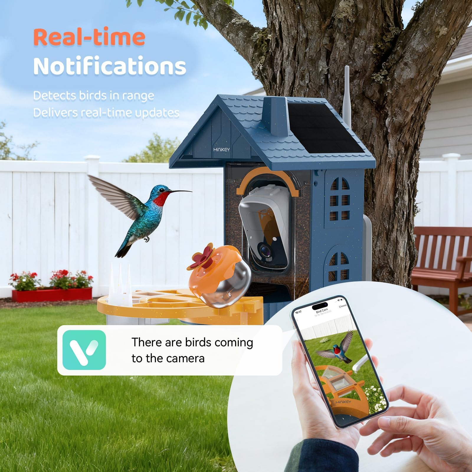 Minikey Smart Bird Feeder installed on a tree
