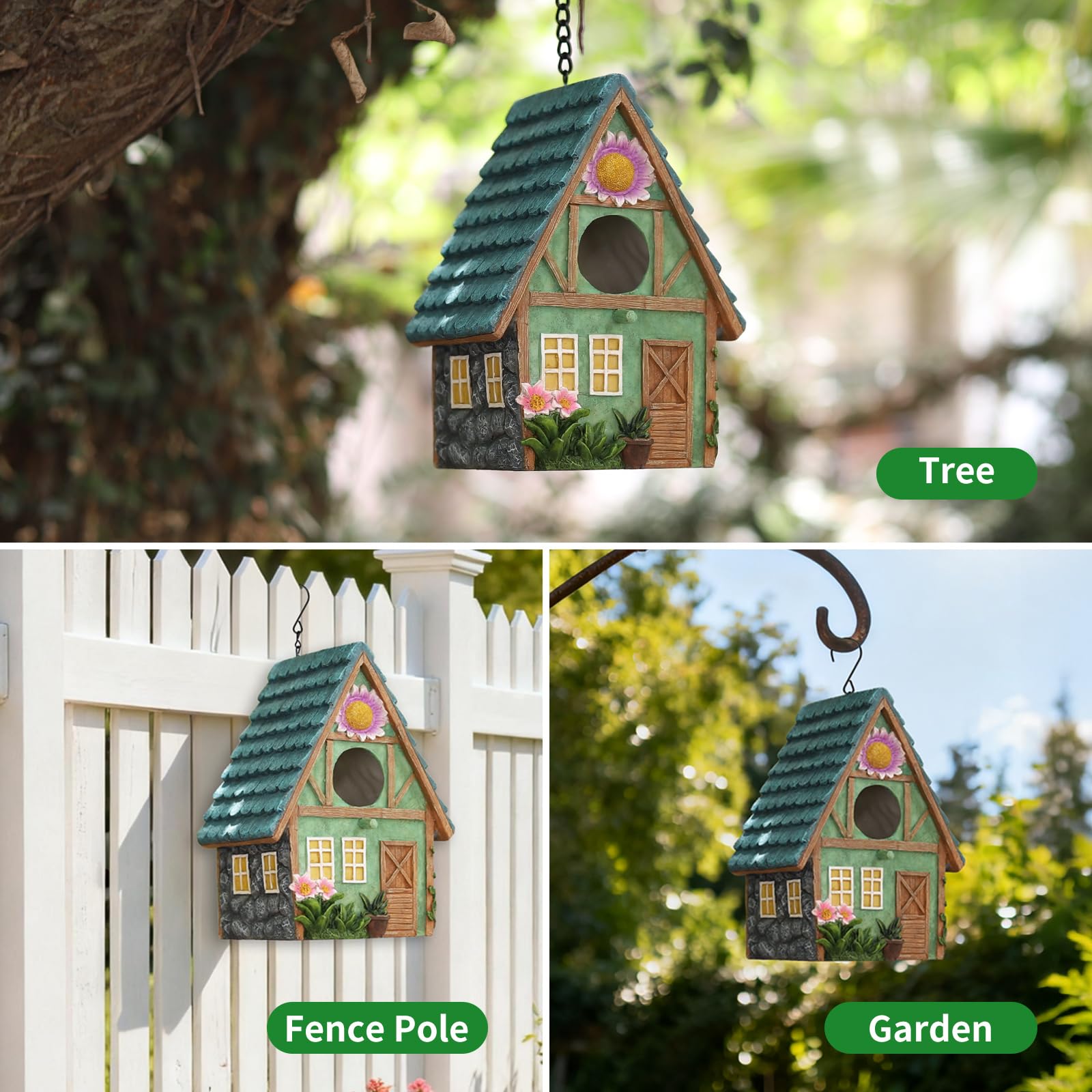 MINWOLF birdhouse in a garden setting with small birds nearby