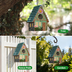 MINWOLF birdhouse in a garden setting with small birds nearby
