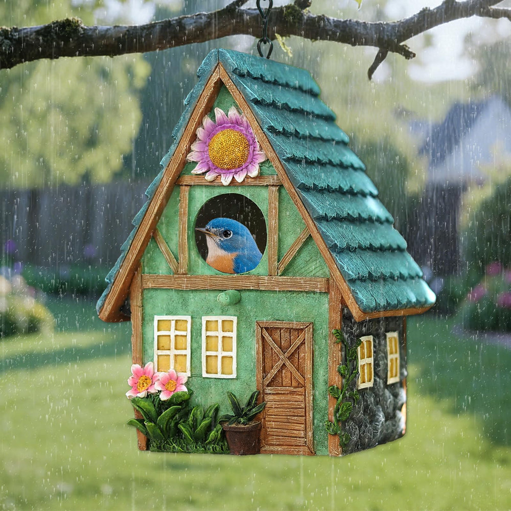 MINWOLF birdhouse on a fence with summer flowers