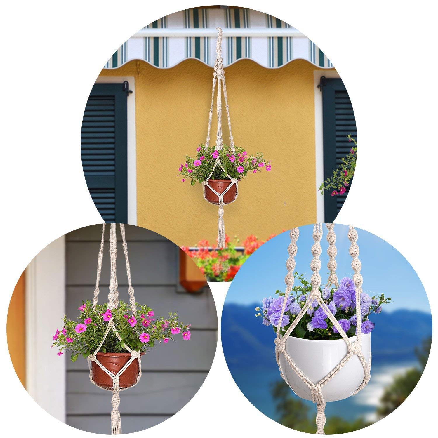 MIPON macrame plant hanger displayed outdoors on a balcony