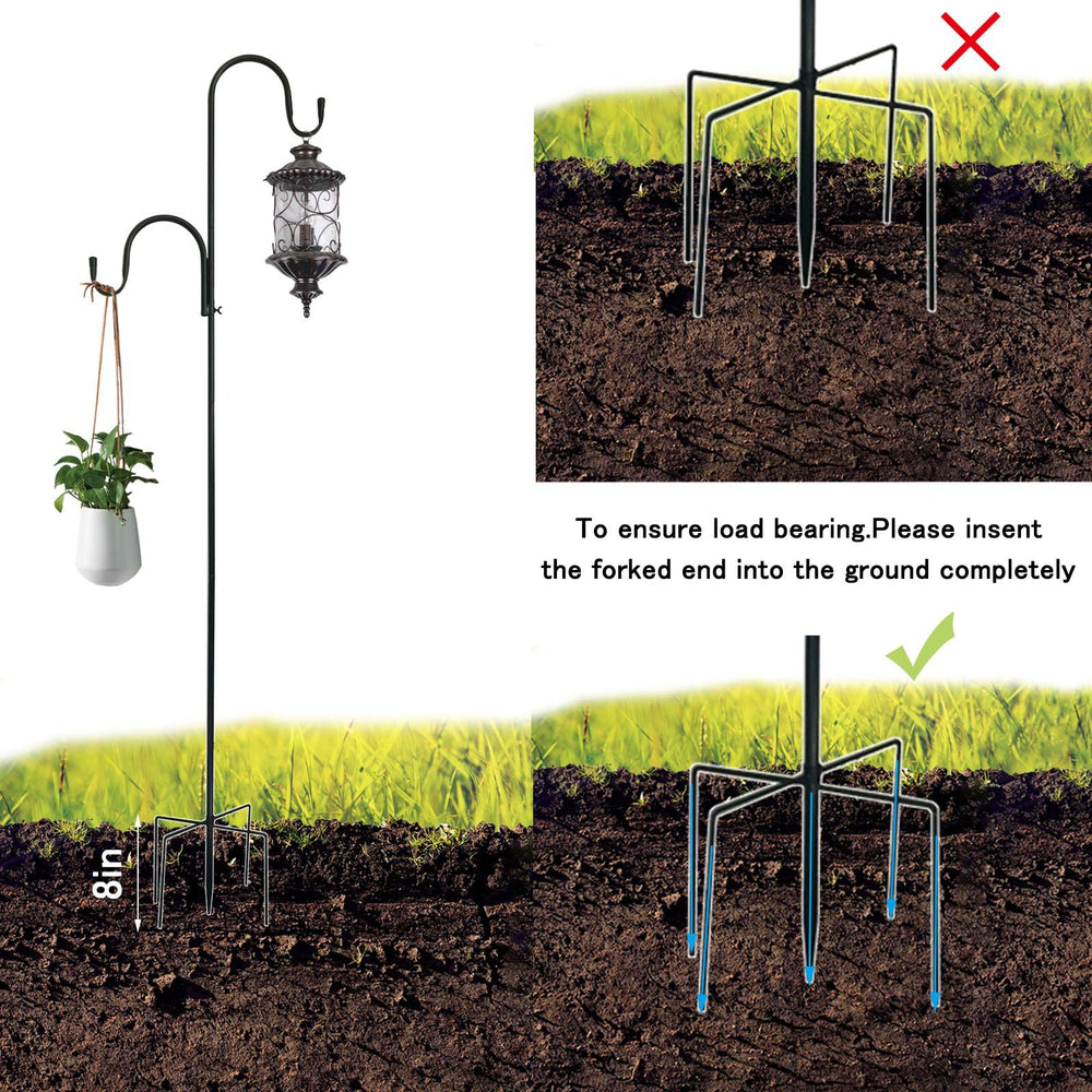 MIPON shepherd hooks installed in a patio setting with hanging bird feeders