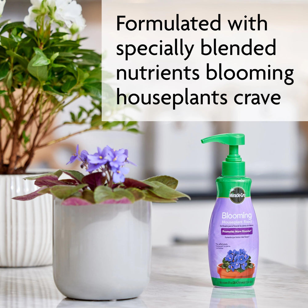 Miracle-Gro Blooming Houseplant Food packaging with dimensions
