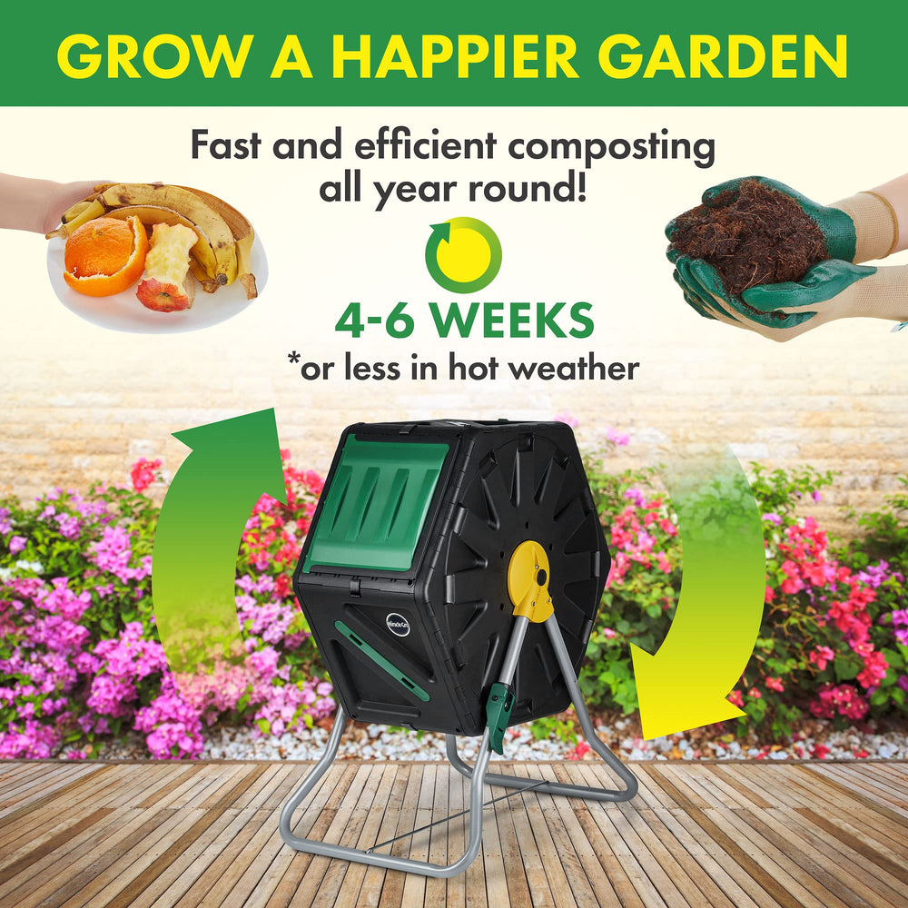 Miracle-Gro Compost Tumbler showing UV-protected plastic