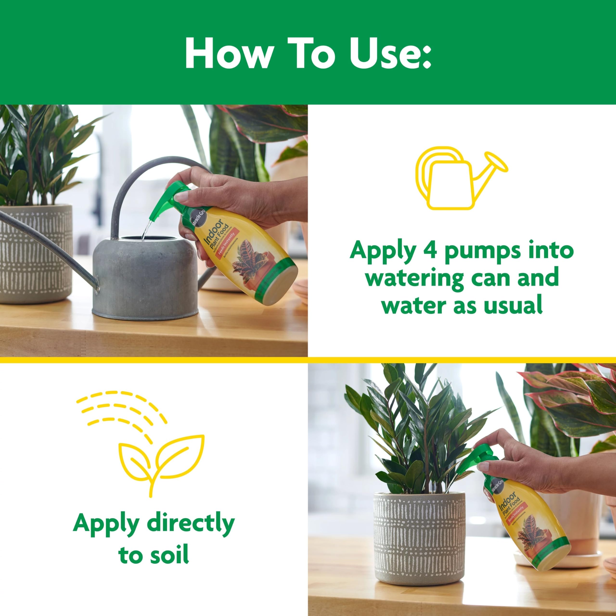 Miracle-Gro Indoor Plant Food bottles on a kitchen shelf