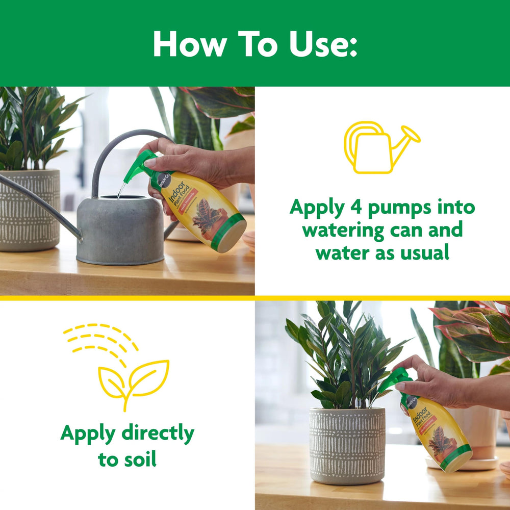 Miracle-Gro Indoor Plant Food bottles on a kitchen shelf