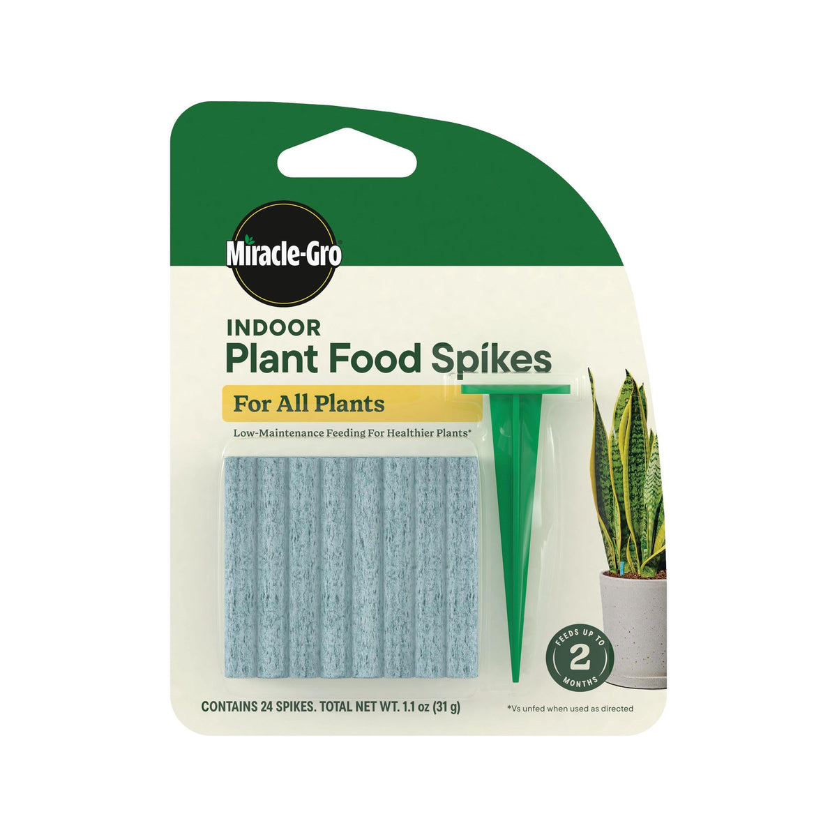 Miracle-Gro Indoor Plant Food Spikes pack front view, 24 sticks