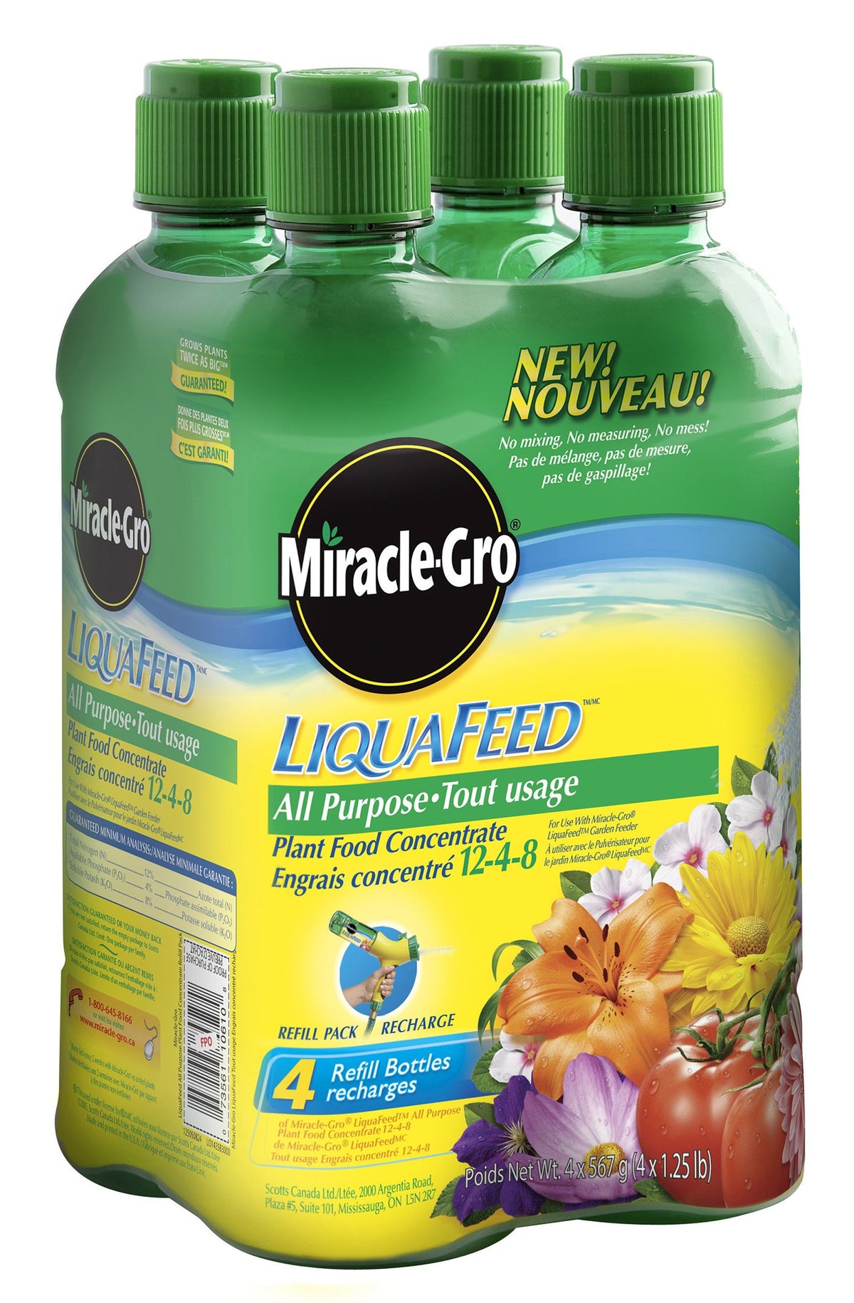 Miracle-Gro LiquaFeed 4 Pack liquid fertilizer bottles front view