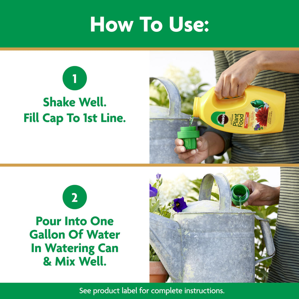 Miracle-Gro Liquid All Purpose Plant Food bottle on a kitchen counter