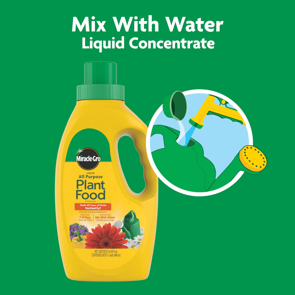 Miracle-Gro Liquid Plant Food 32 oz showing cap and mixing instructions