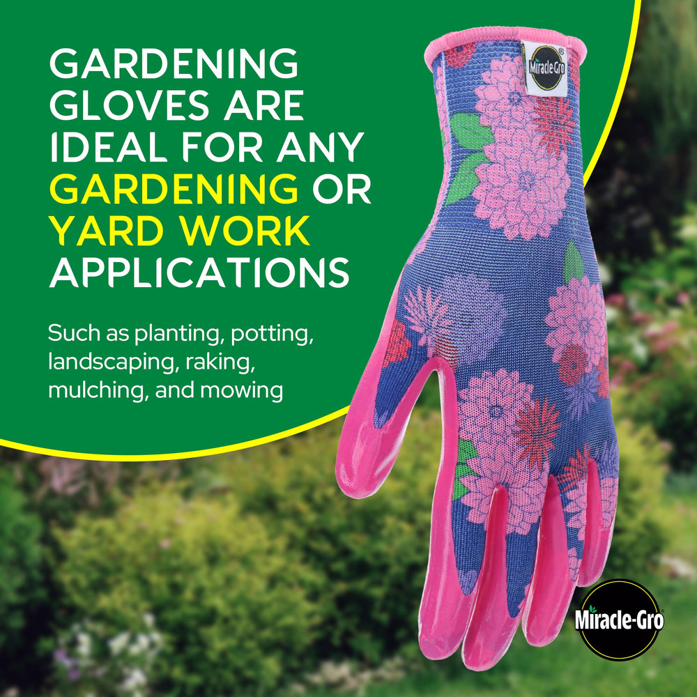 Miracle-Gro Nitrile Gardening Gloves displayed with gardening tools