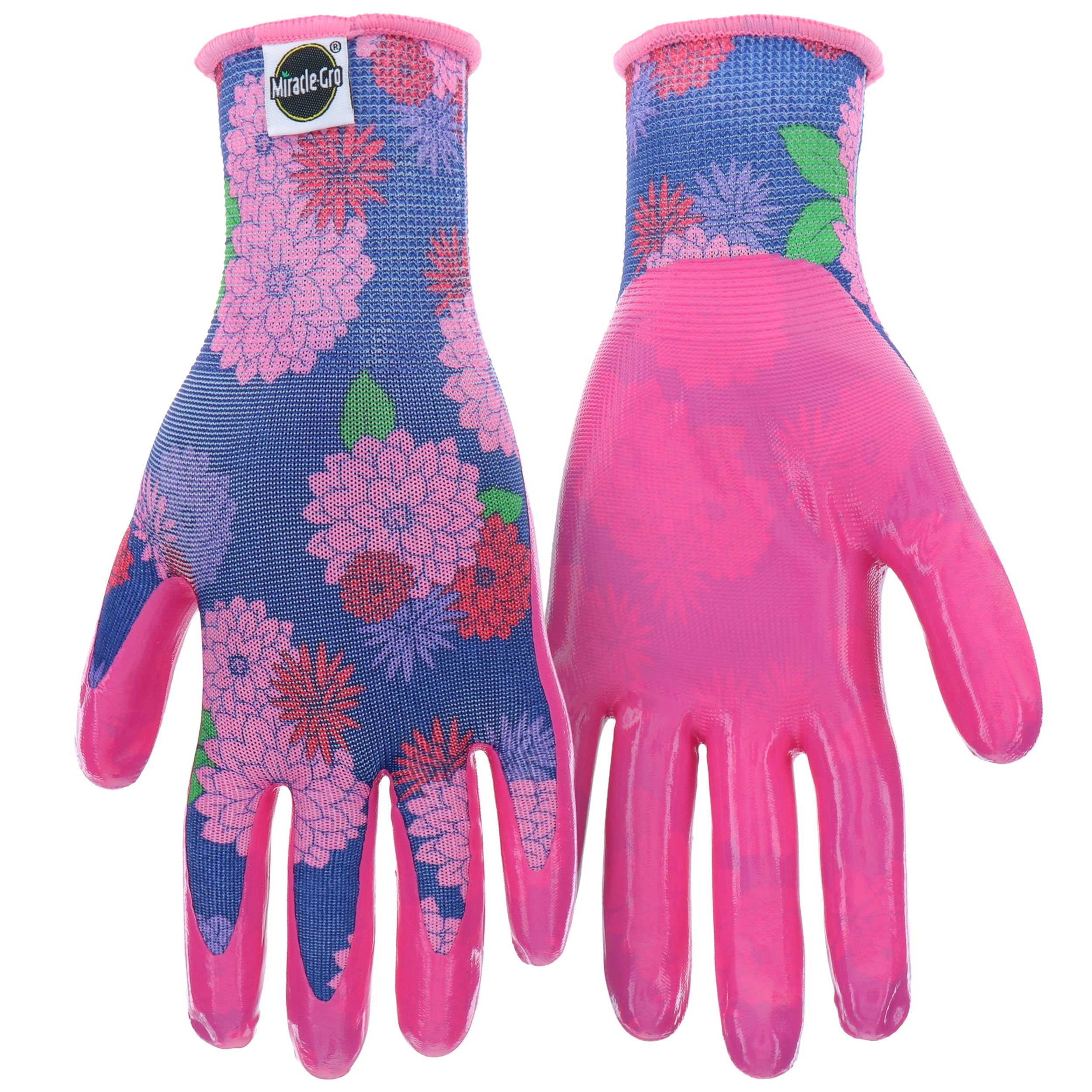 Miracle-Gro Nitrile Gardening Gloves front view in pink and purple