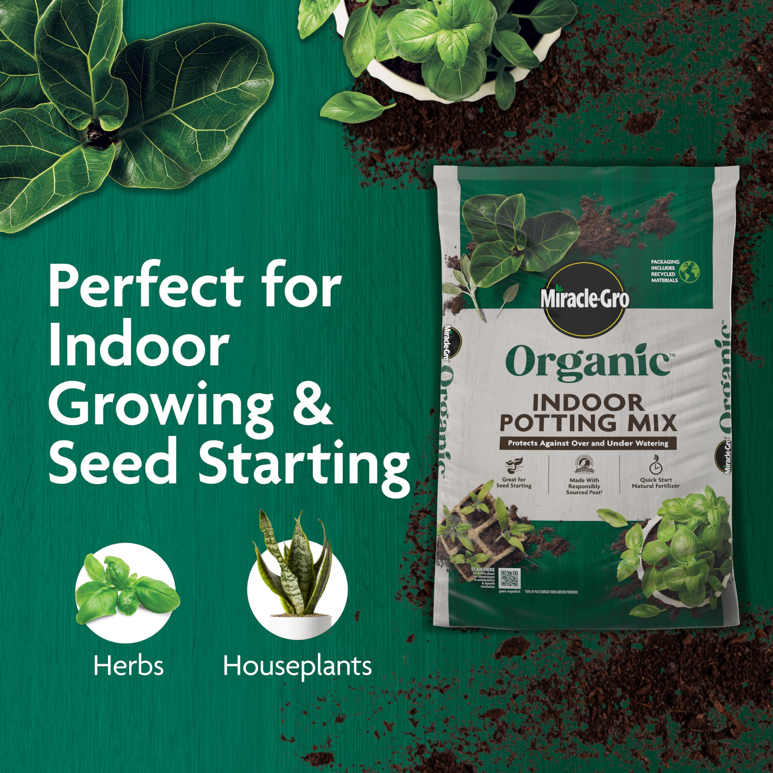Miracle-Gro Organic Indoor Potting Mix 8QT bag back view
