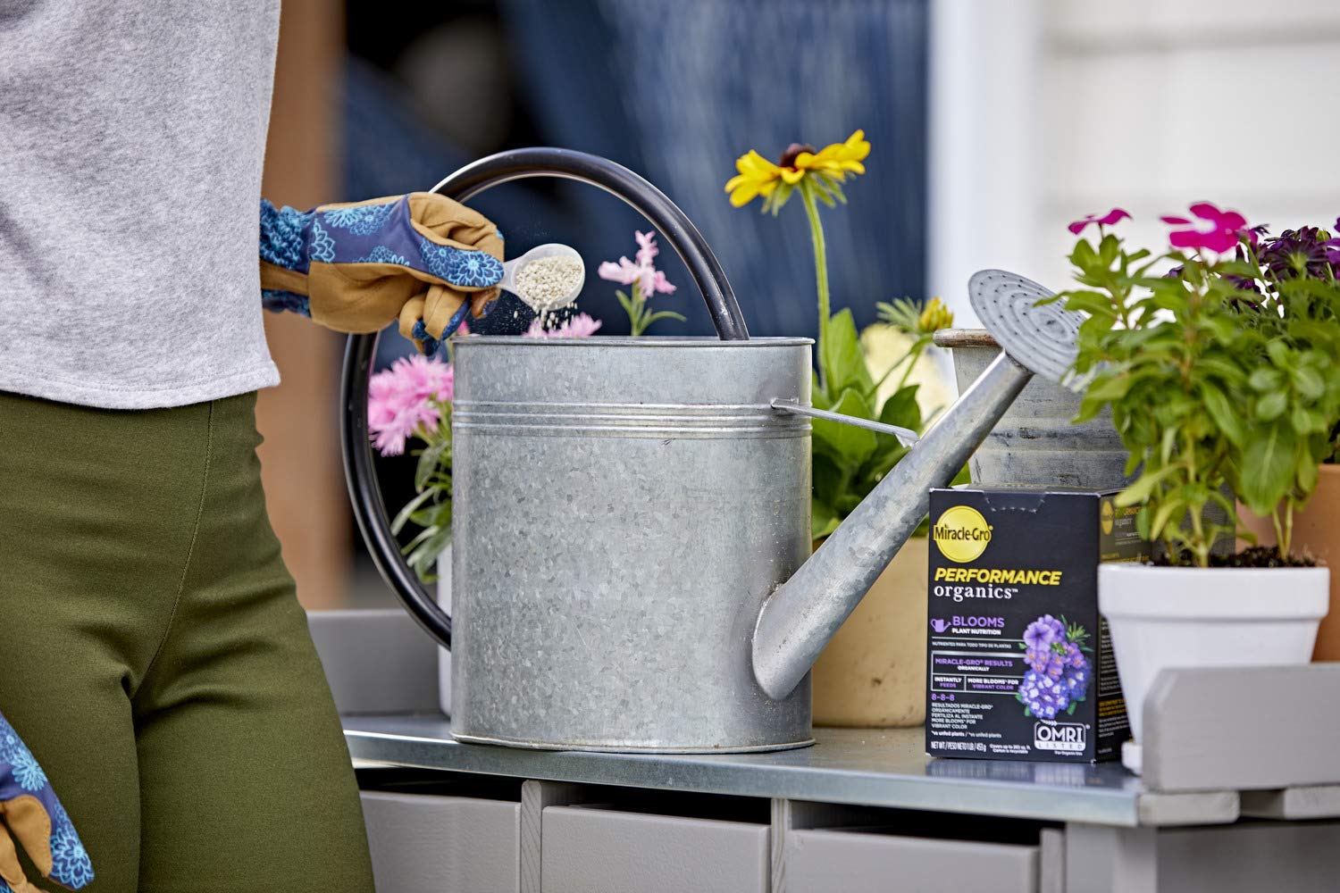 Miracle-Gro Performance Organics Blooms Plant Nutrition 1 lb on garden table