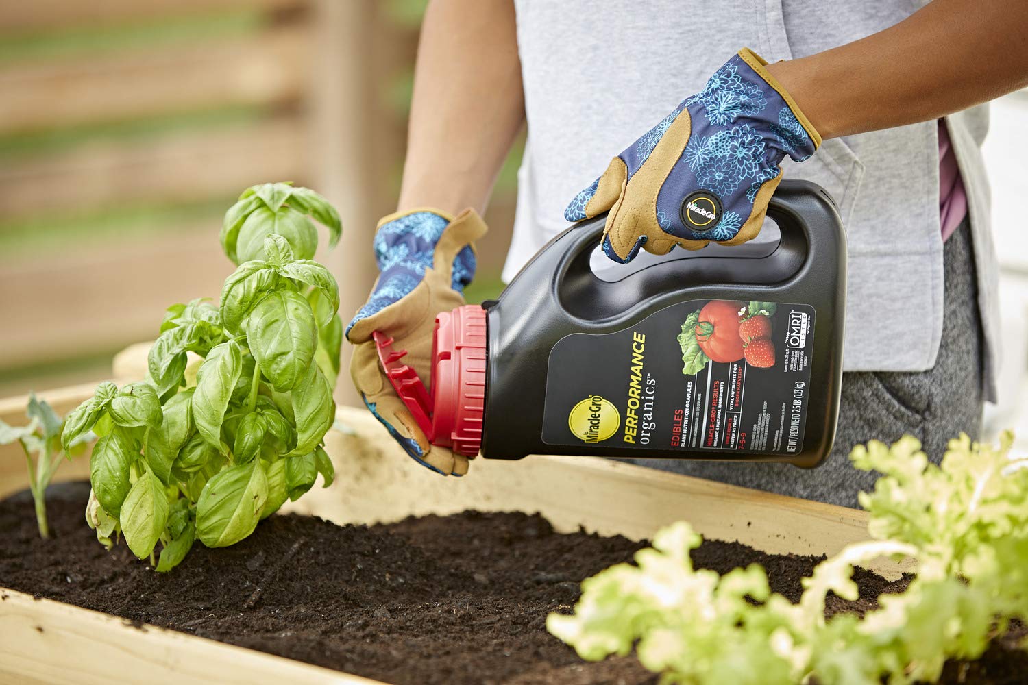 Miracle-Gro Performance Organics Edibles Plant Nutrition Granules 2.5 lb with gardening tools