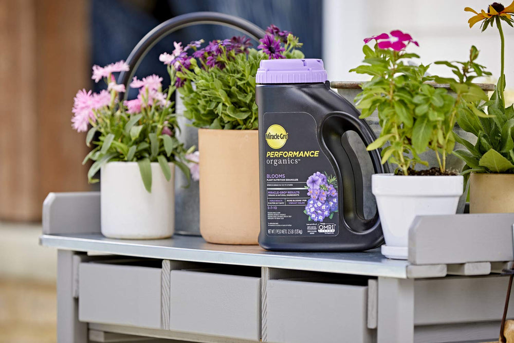 Miracle-Gro Performance Organics Granules displayed on a garden table