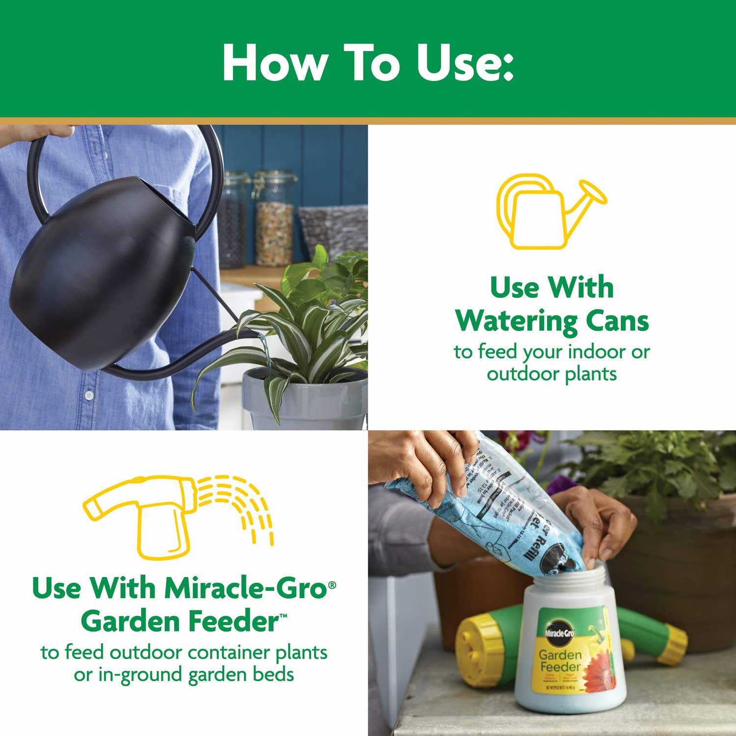 Miracle-Gro Plant Food alongside healthy houseplants