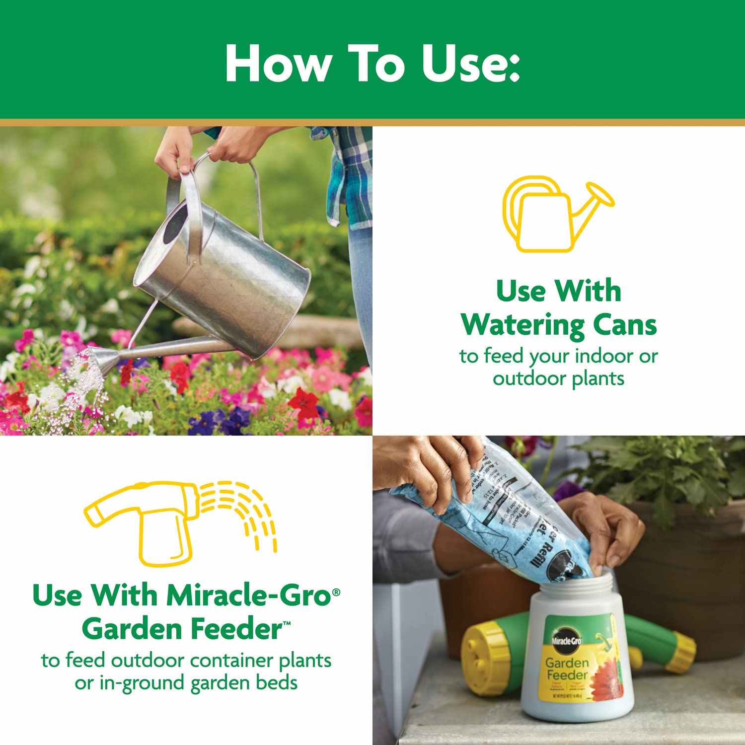 Miracle-Gro Water Soluble All Purpose Plant Food being mixed with water in a watering can