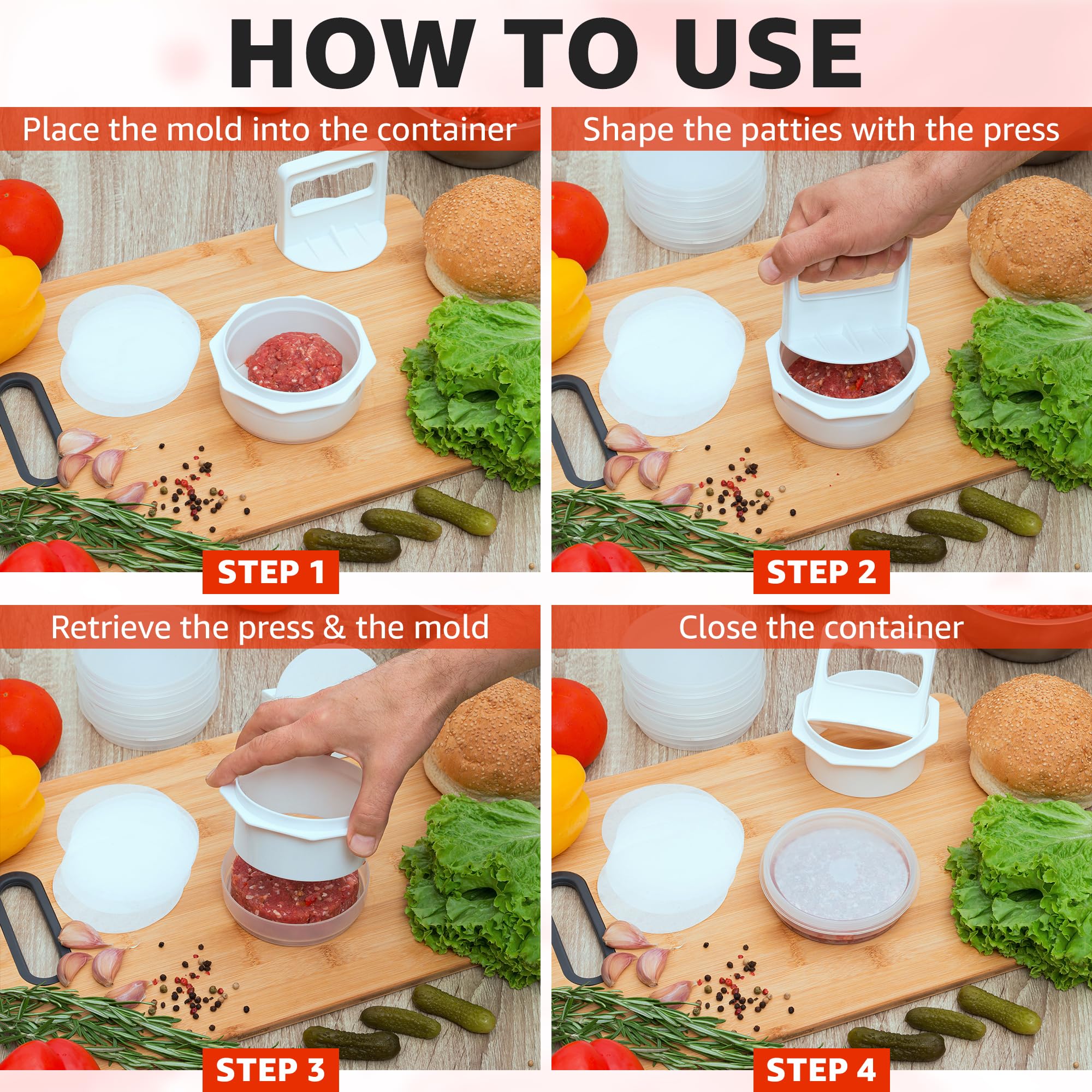 Mission Gallery Hamburger Press in use with raw patties